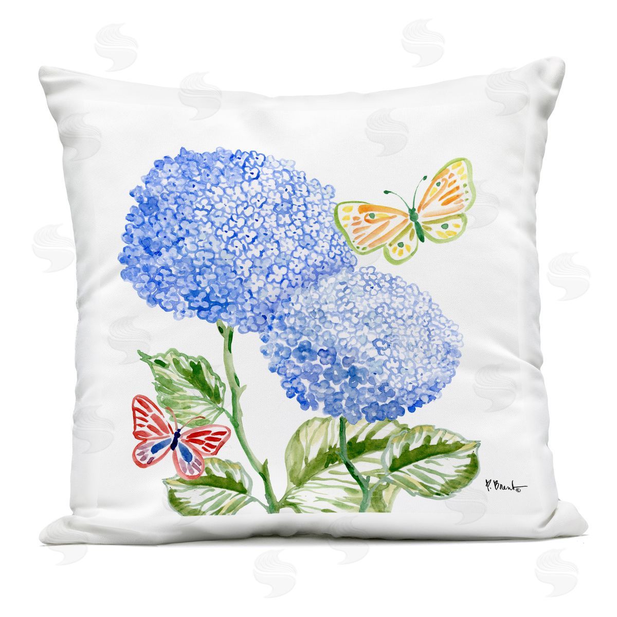 Paul Brent Brushstroke Hydrangea & Butterflies Outdoor Printed Pillow
