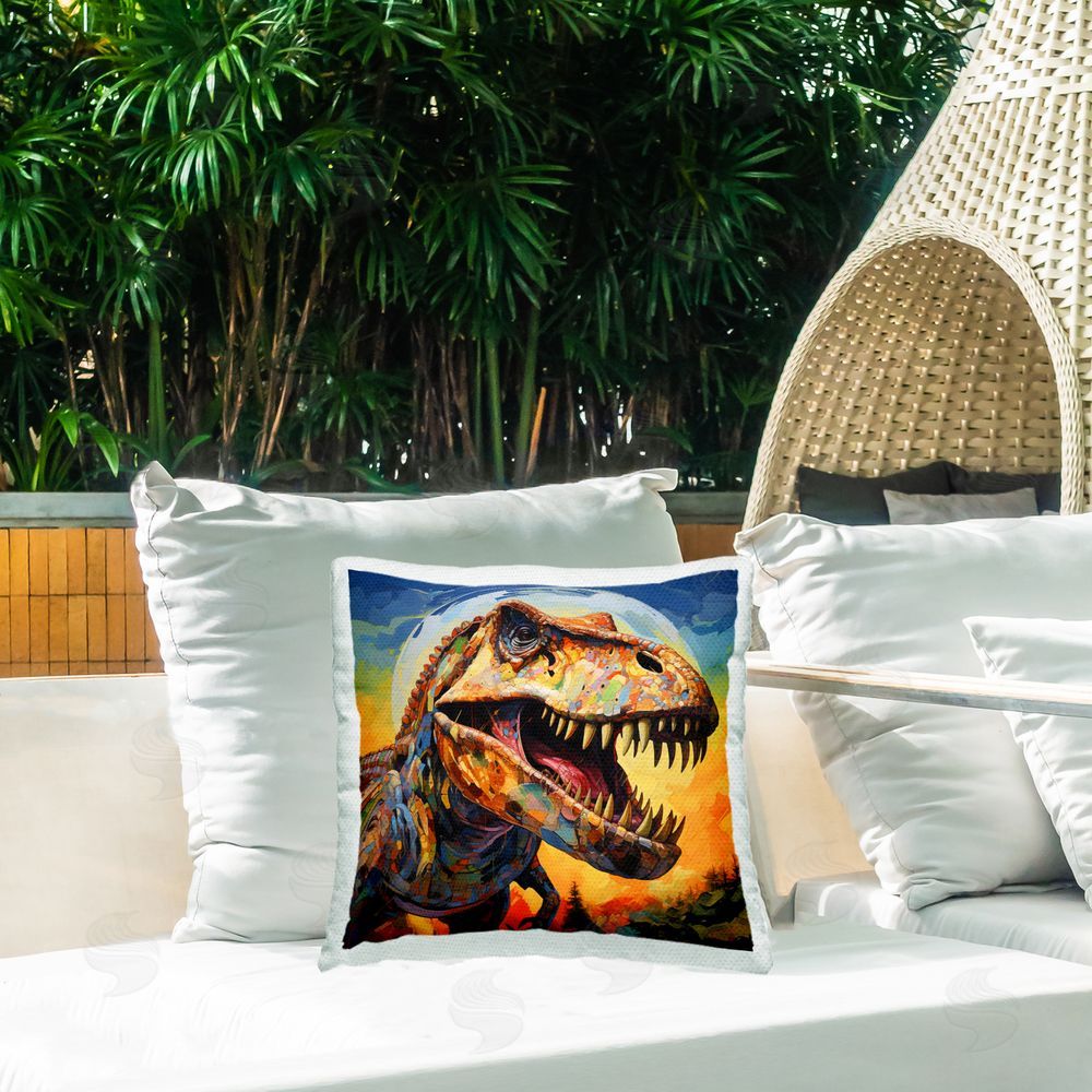 Creative Studio Roaring Dinosaur Vibrant Pattern Outdoor Square Pillow on Patio