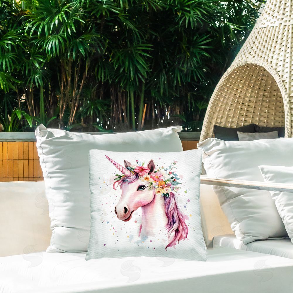 Creative Studio Majestic Unicorn Modern Splatter Outdoor Square Pillow on Patio