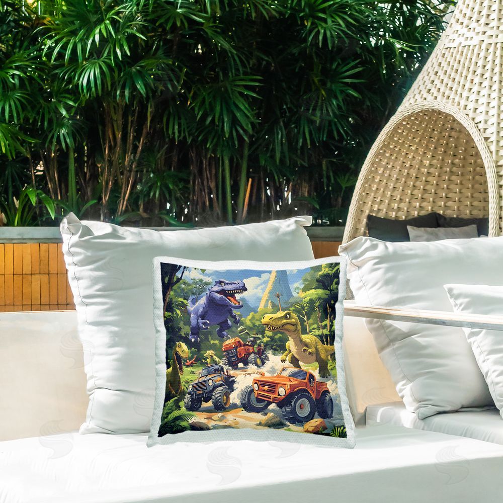 Creative Studio Dinosaurs & Monster Trucks Outdoor Square Pillow on Patio