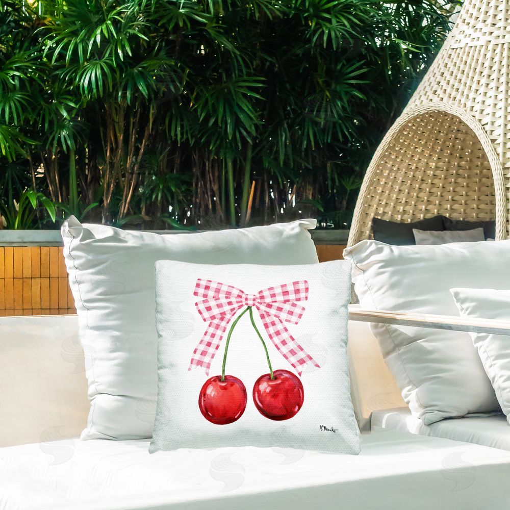 Paul Brent Lucky Cherries & Pink Bow Outdoor Square Pillow on Patio