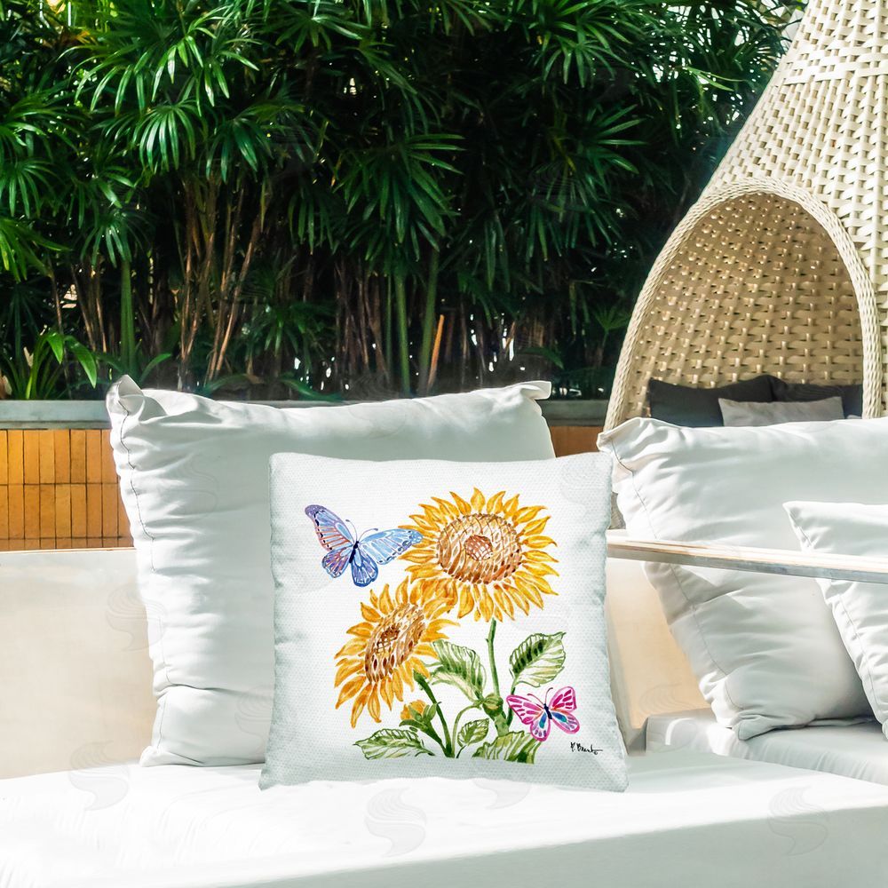 Paul Brent Brushstroke Sunflowers & Butterflies Outdoor Square Pillow on Patio