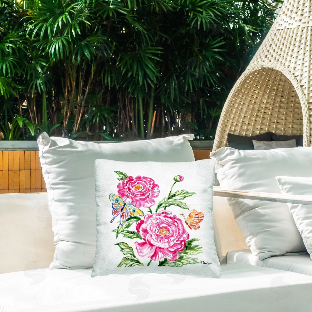 Paul Brent Brushstroke Peonies & Butterflies Outdoor Square Pillow on Patio