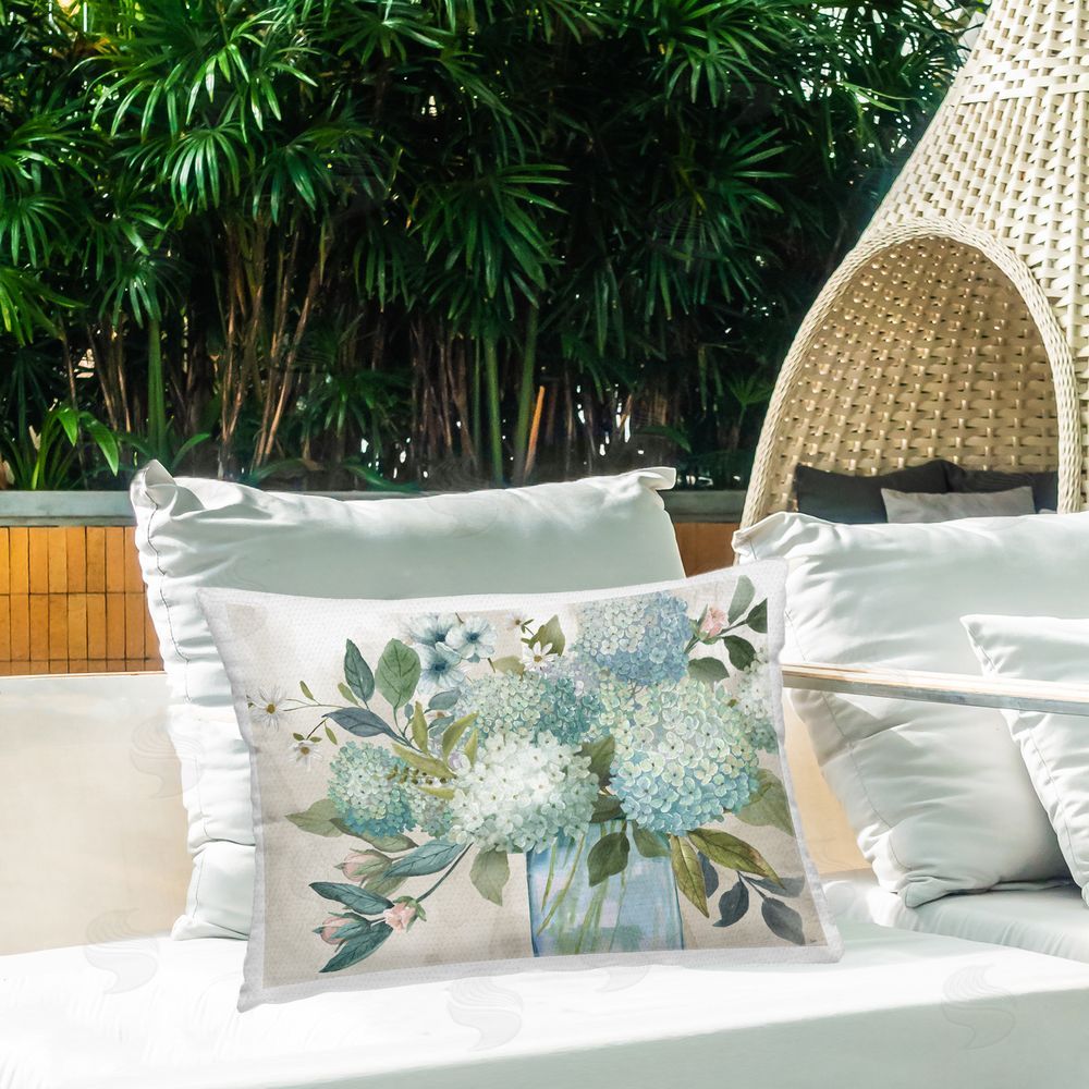 Nan Hydrangeas Galore Blue Flowers Outdoor Rectangular Pillow on Patio
