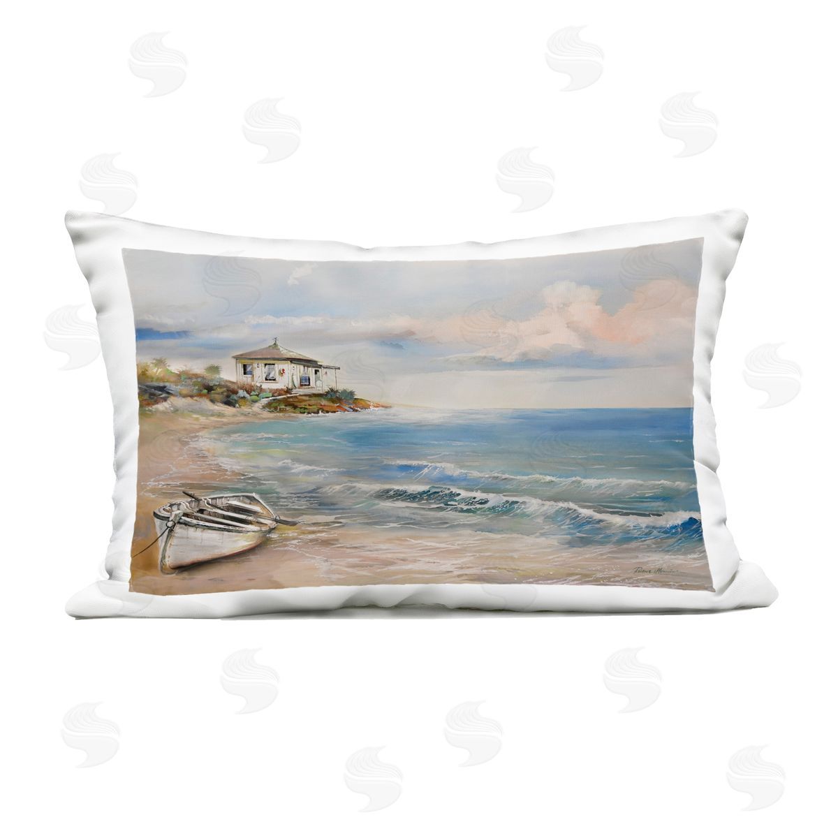 Ruane Manning Shoreline Rowboat Scene Outdoor Printed Pillow