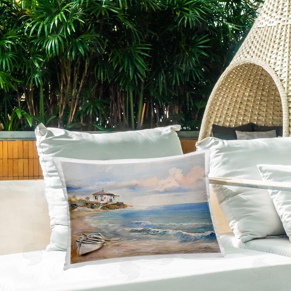 Ruane Manning Shoreline Rowboat Scene Outdoor Rectangular Pillow on Patio