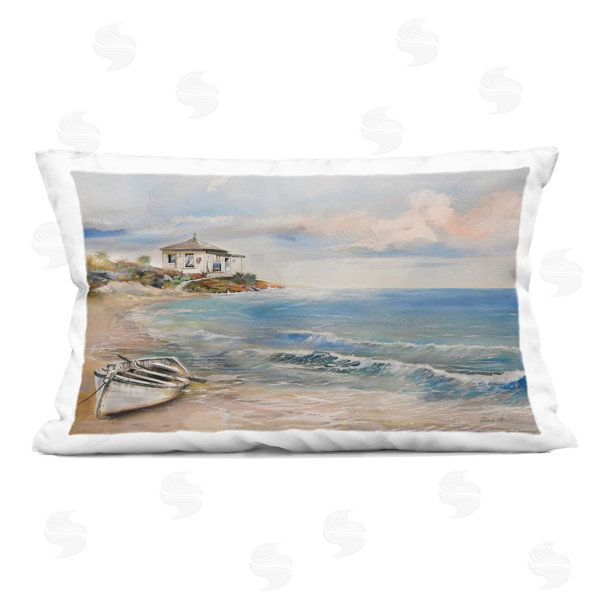 Ruane Manning Shoreline Rowboat Scene Indoor Printed Pillow