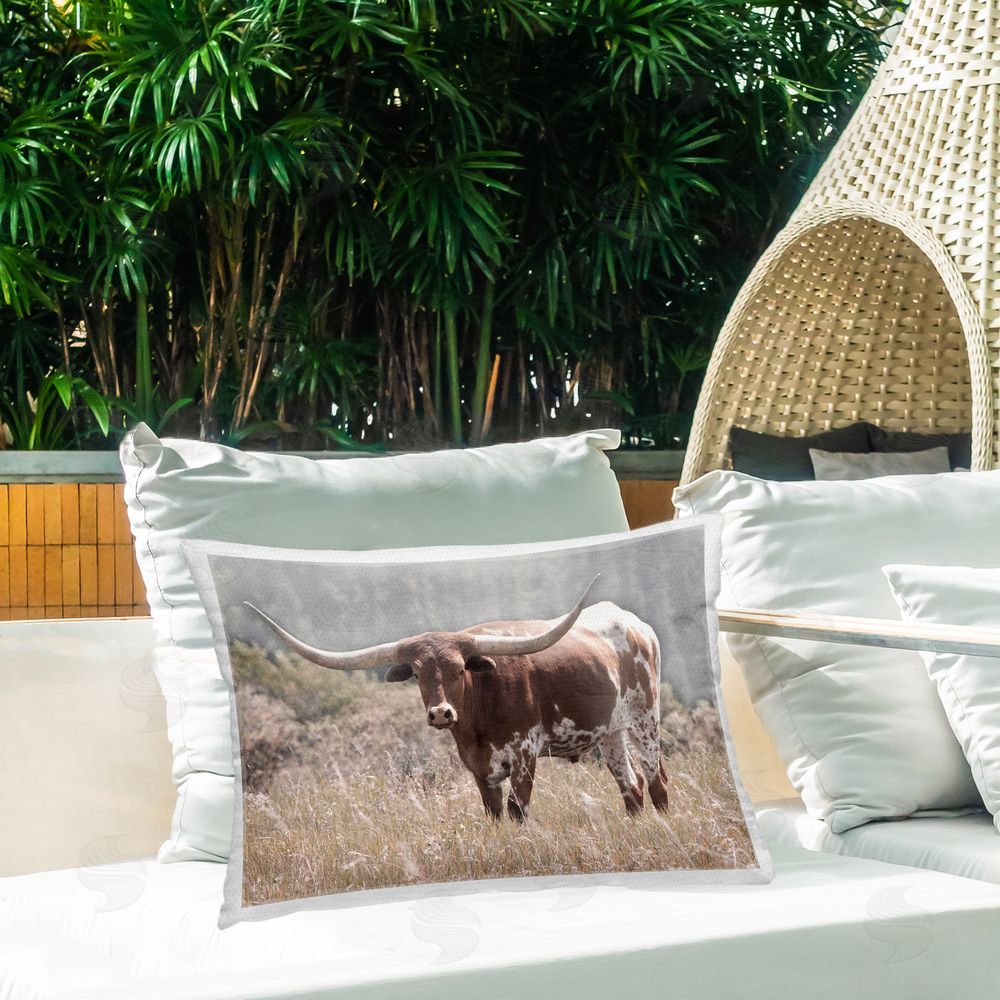 Carol Robinson Texas Longhorn Photograph Outdoor Rectangular Pillow on Patio