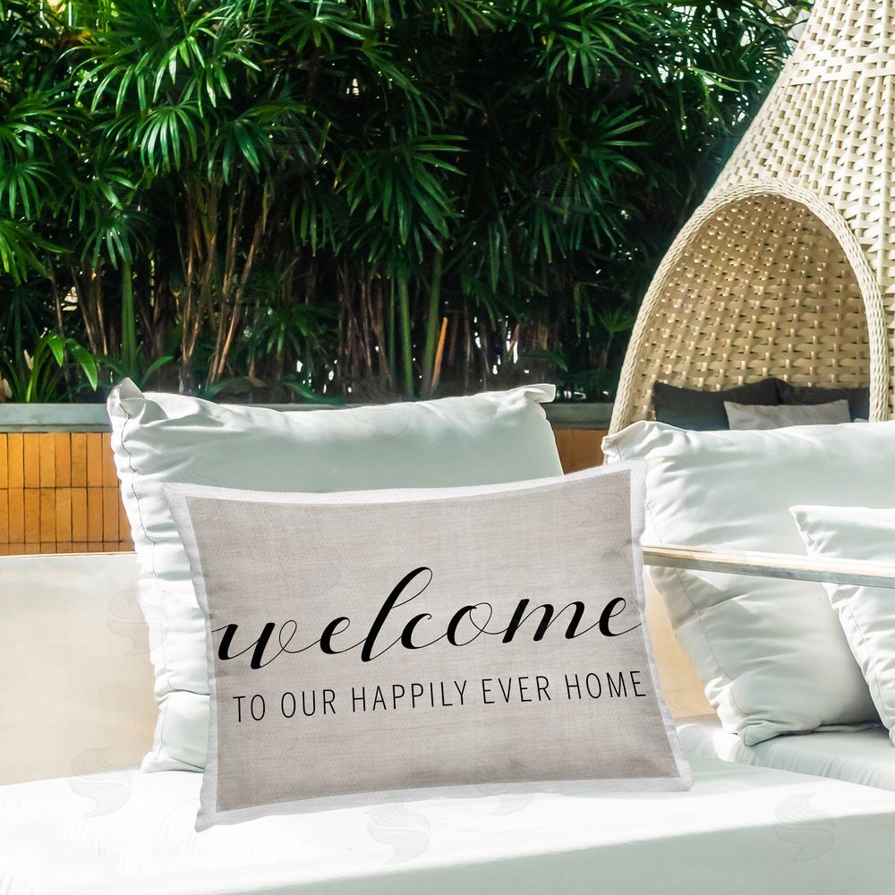 Amanda Murray Happily Ever Home Welcome Outdoor Rectangular Pillow on Patio