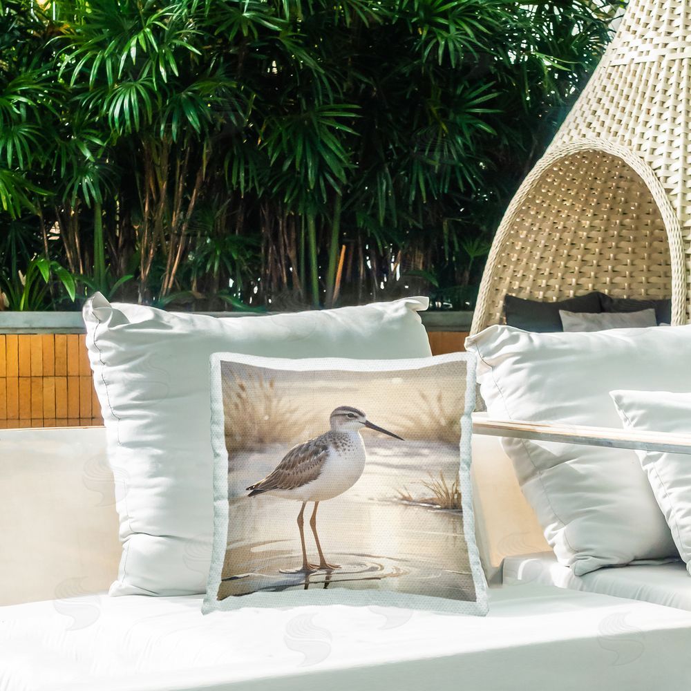 Susan Arnot Sunlit Sandpiper in Shallow Water Outdoor Square Pillow on Patio