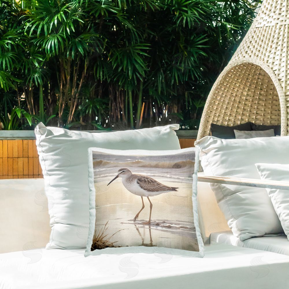 Susan Arnot Wading Beach Sandpiper Outdoor Square Pillow on Patio