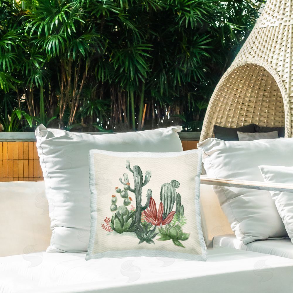 Nan Mojave Green Cacti Outdoor Square Pillow on Patio