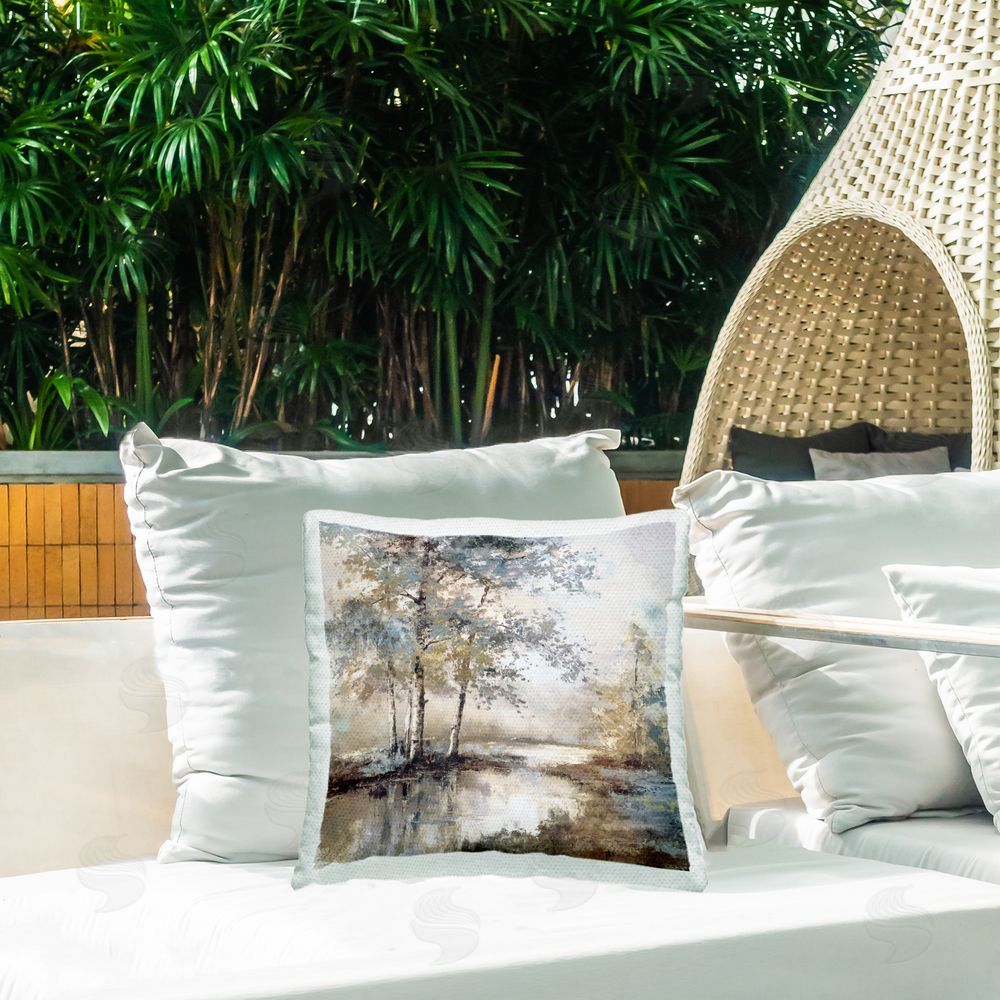 T.C. Chiu Meandering River Landscape Outdoor Square Pillow on Patio