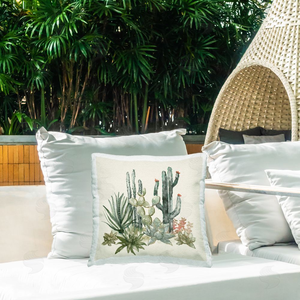 Nan Mojave Green Succulents Outdoor Square Pillow on Patio
