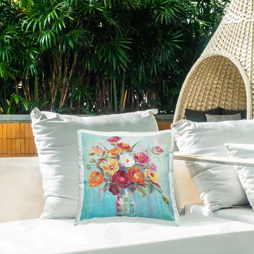 Sally Swatland Summer Garden Arrangement Outdoor Square Pillow on Patio