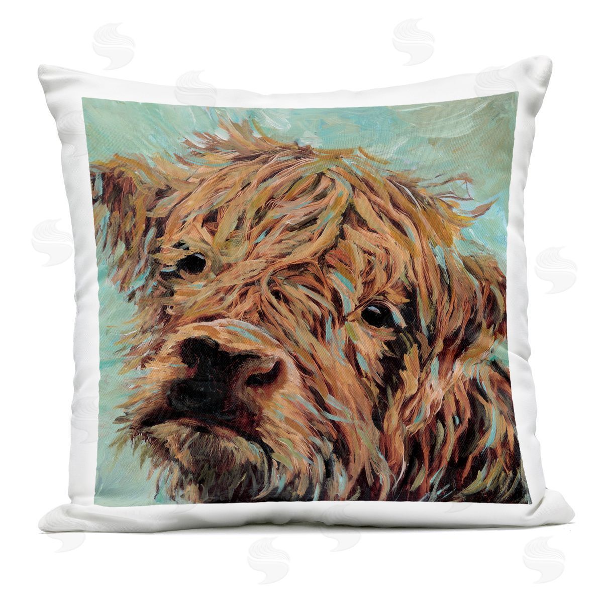 Wani Pasion Highland Cattle on Green Plush Polyester Art Print Pillow
