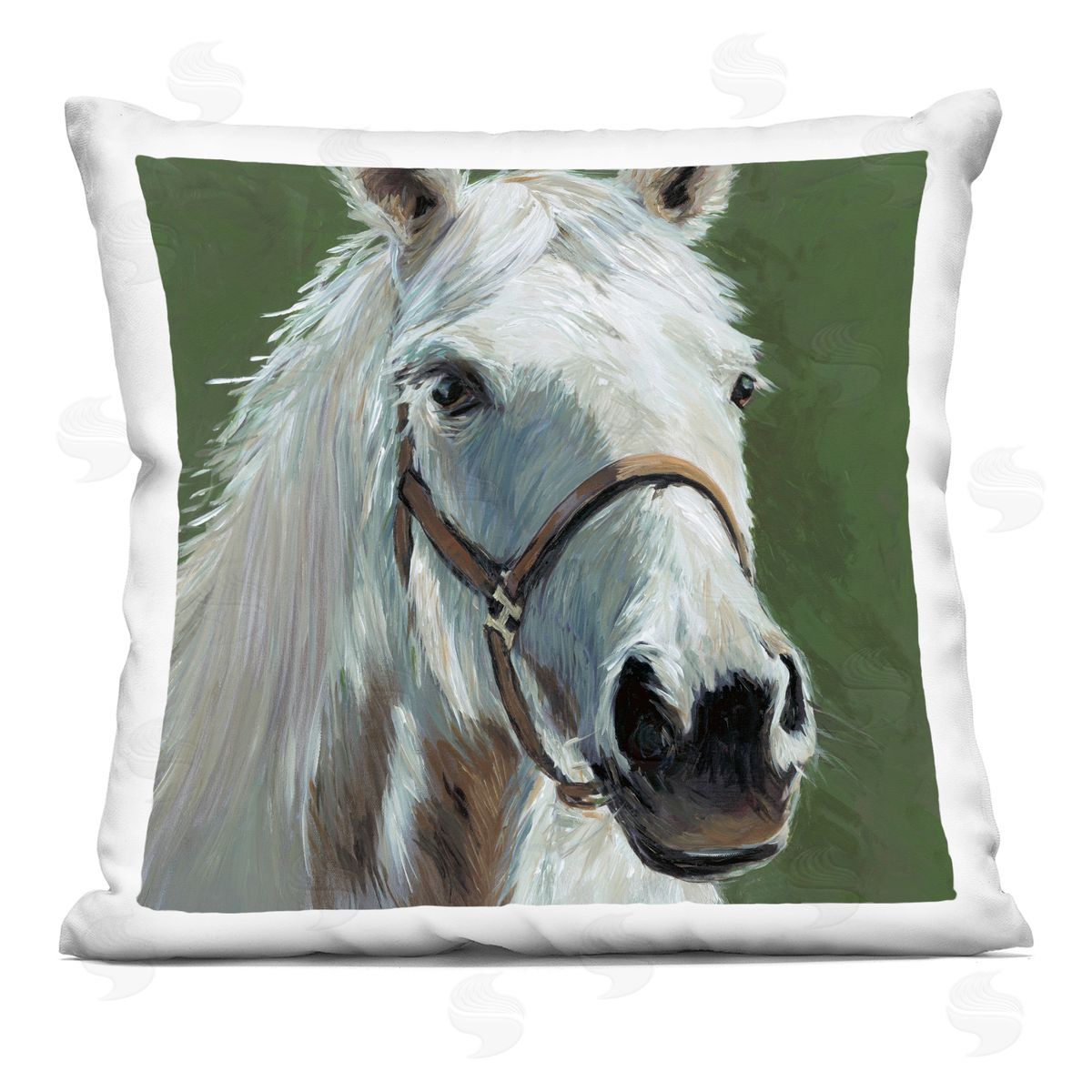 Wani Pasion White Horse on Green Plush Polyester Art Print Pillow