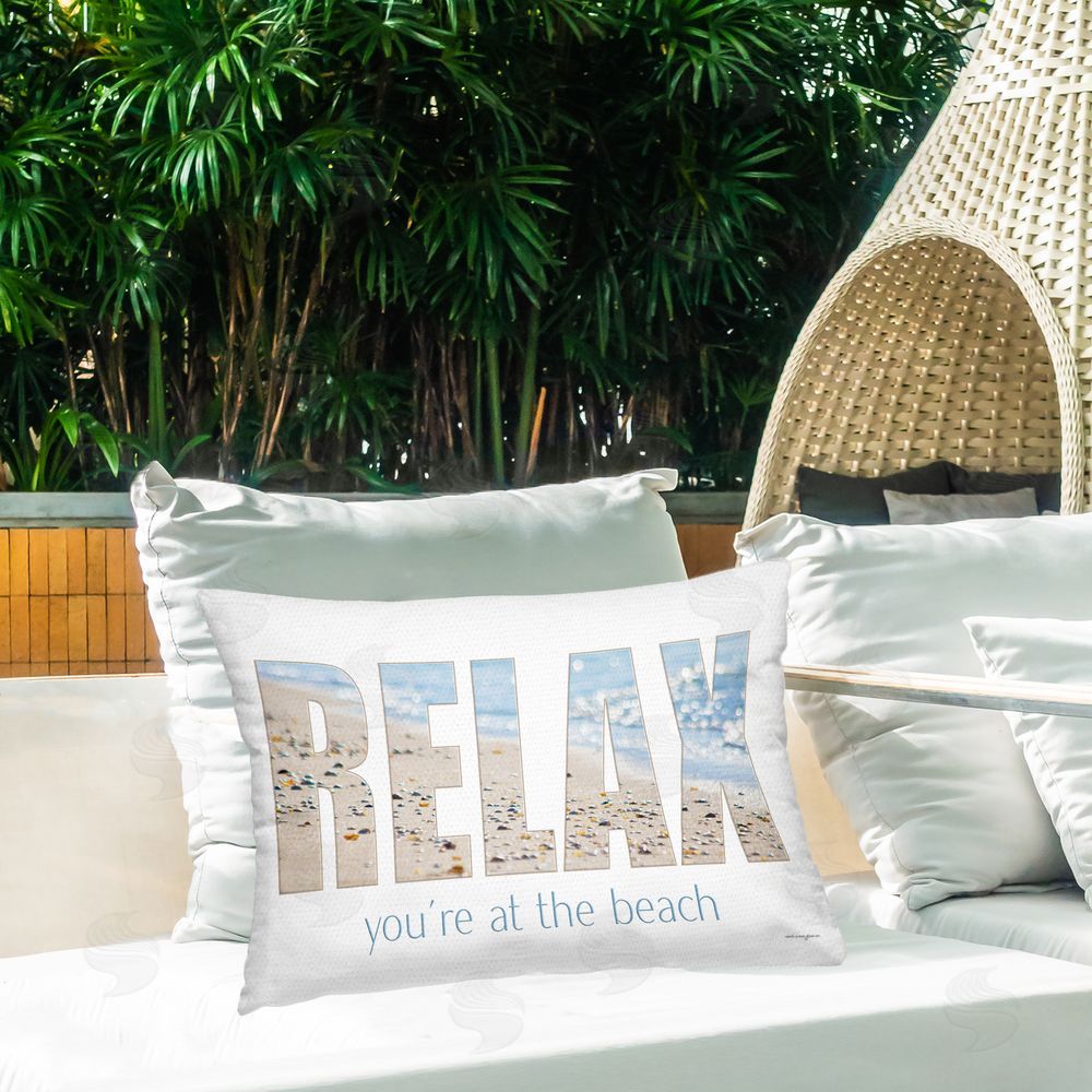 Seven Trees Design Relax You're At The Beach Outdoor Printed Throw Pillow on Patio