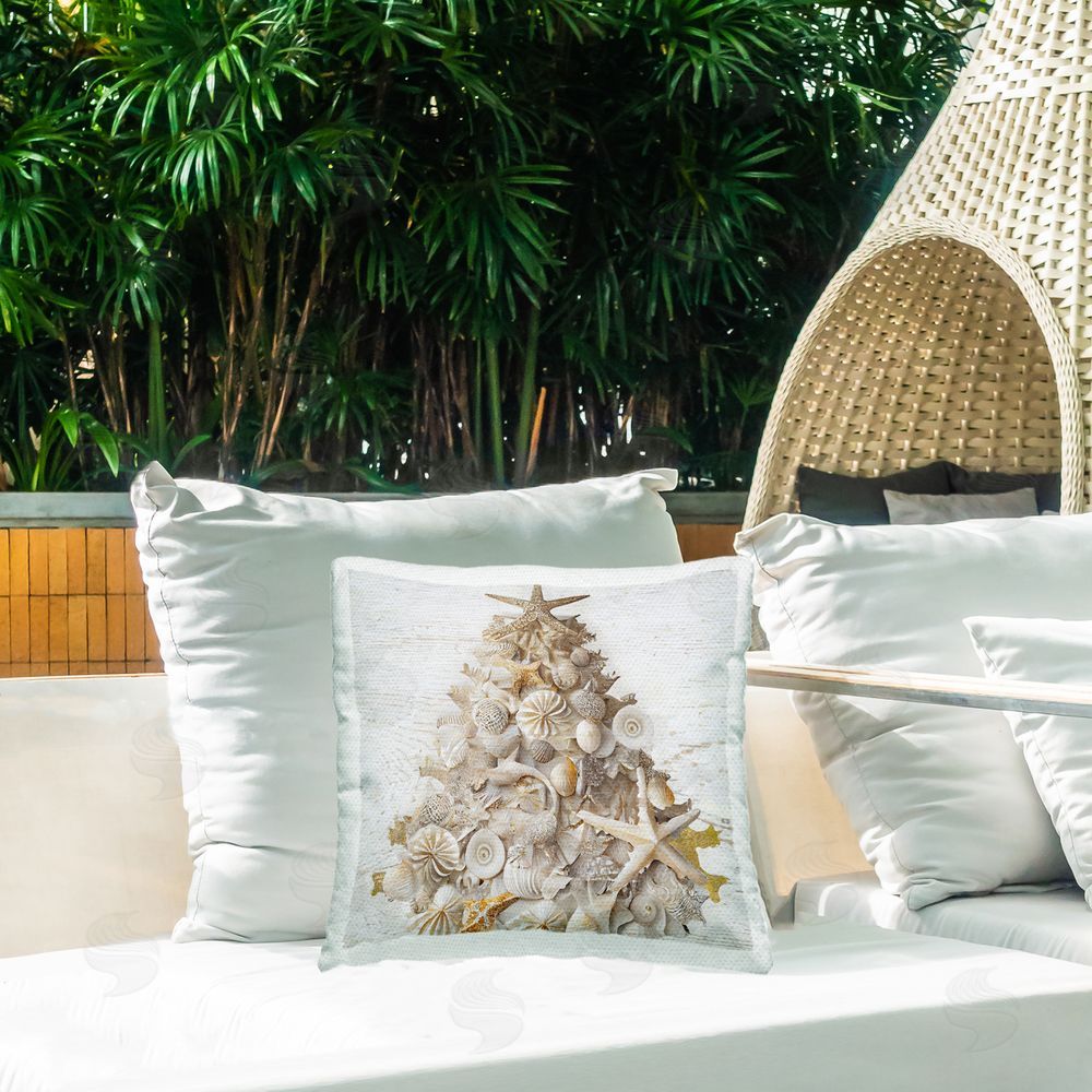 Sasha Rustic Holiday Seashell Tree Outdoor Square Pillow on Patio