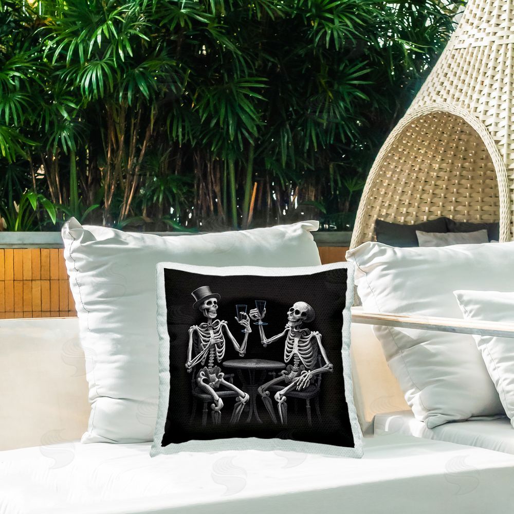 Sasha Spooky Skeletons Cheers Outdoor Square Pillow on Patio