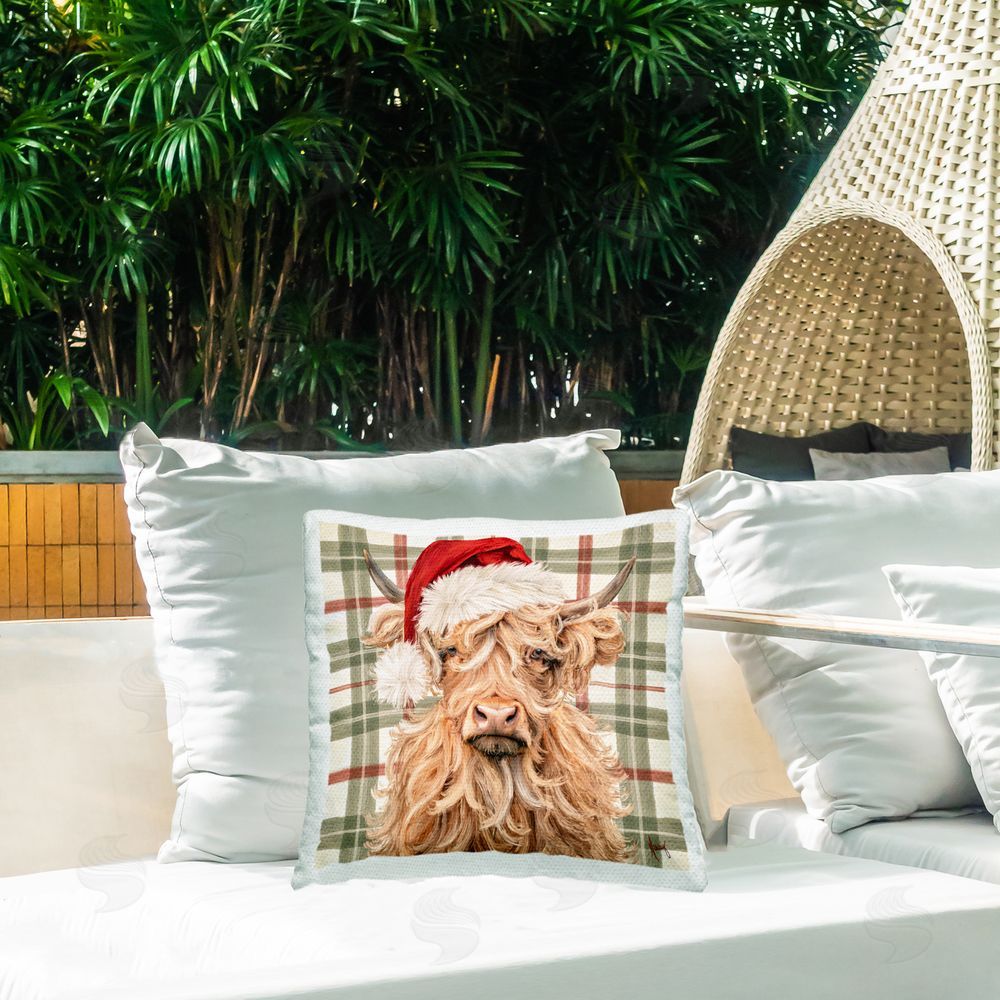 Ashley Bradley Holiday Wavy Haired Cattle Outdoor Square Pillow on Patio