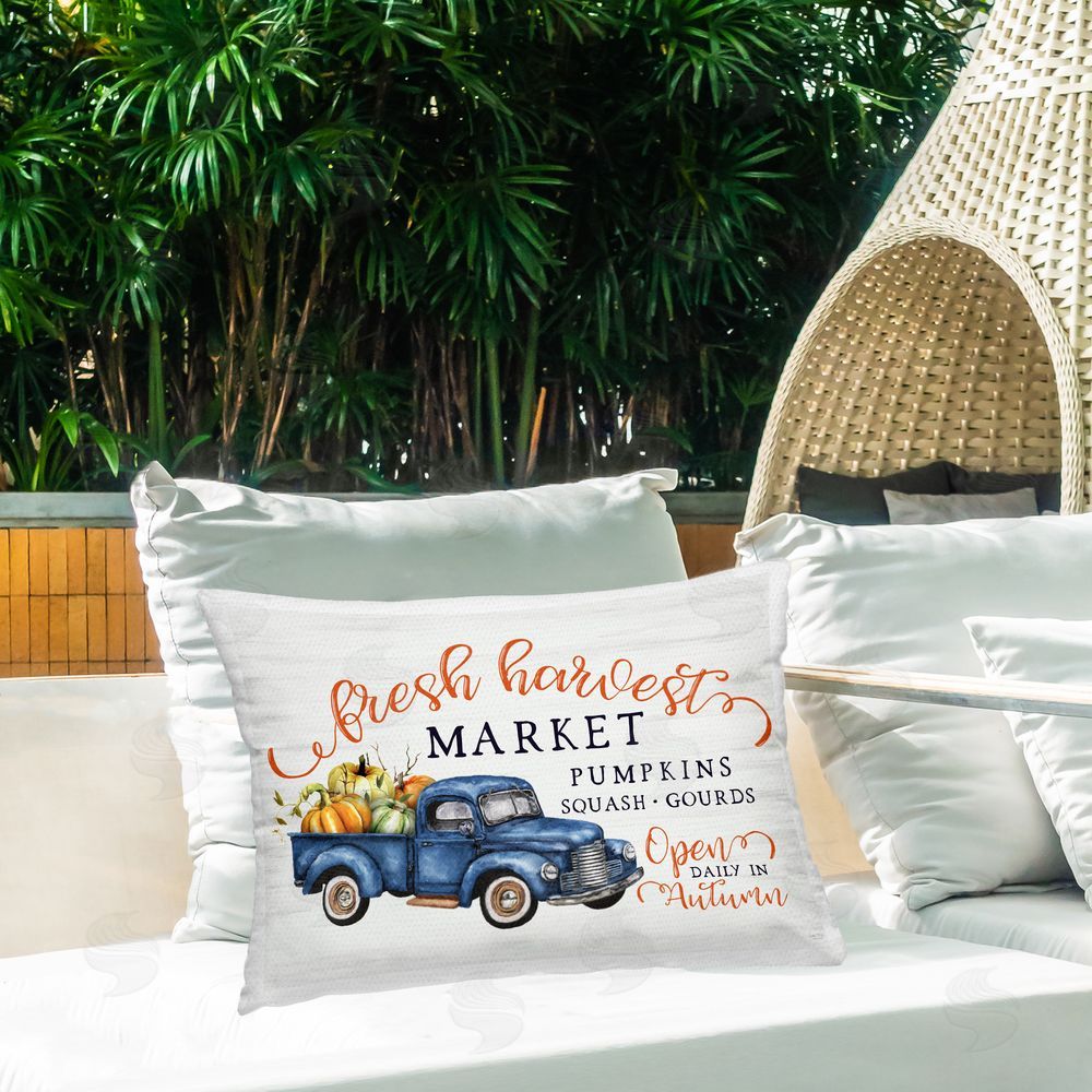 Lux + Me Designs Fresh Harvest Market Open Outdoor Rectangular Pillow on Patio