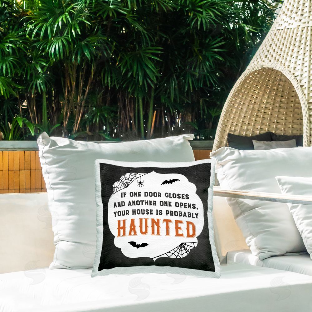 Lux + Me Designs One Door Closes Haunted House Outdoor Square Pillow on Patio