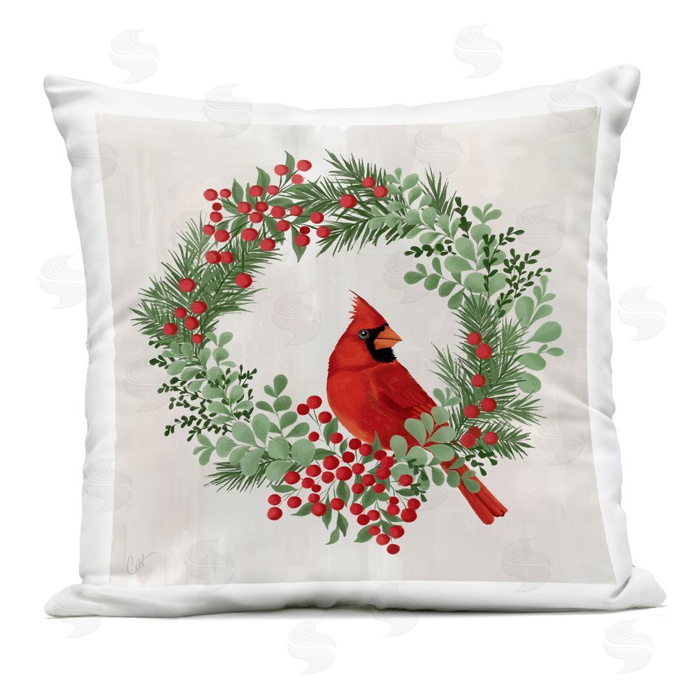 Cat Thurman Designs Perched Cardinal Festive Wreath Outdoor Printed Pillow
