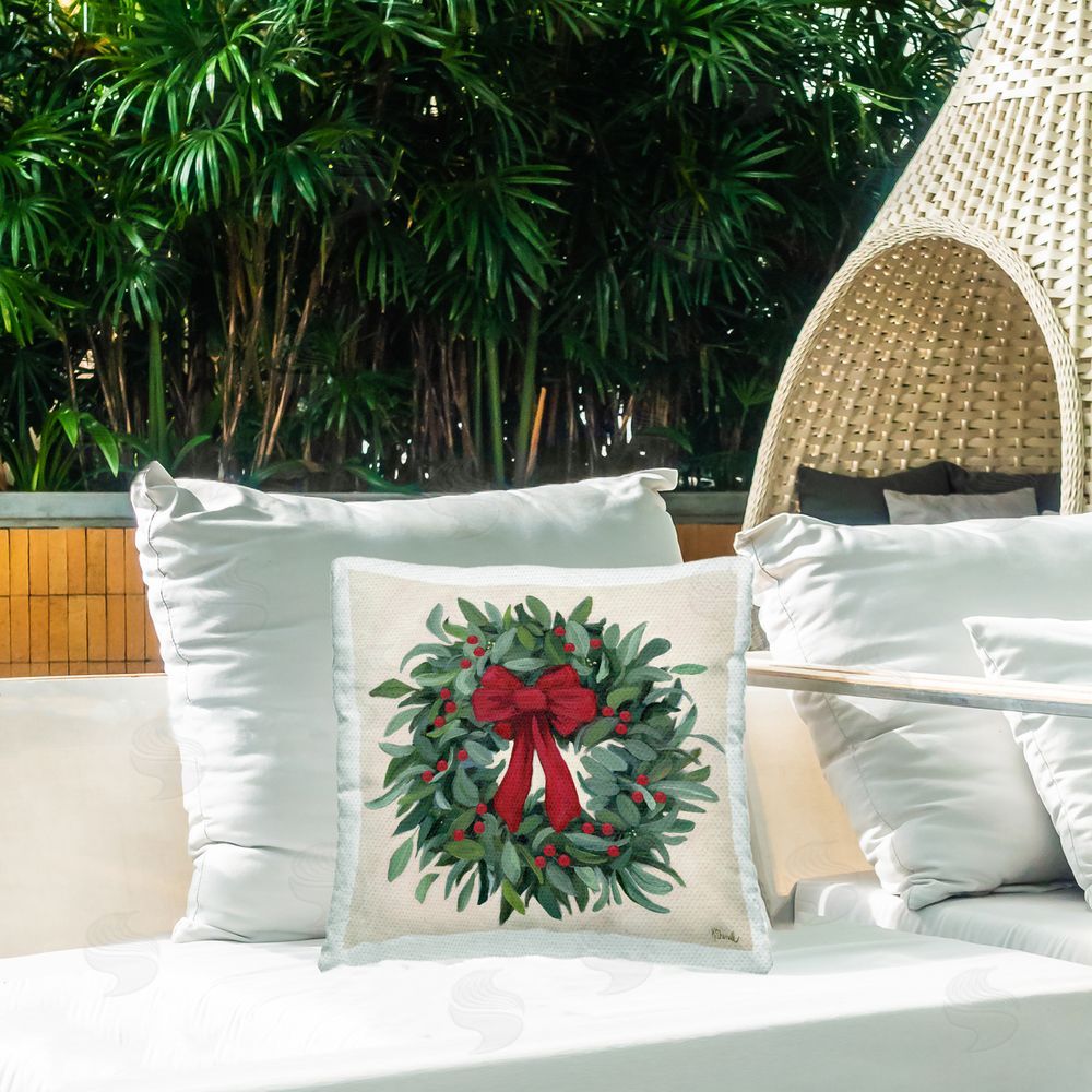 Kate Sherrill Ribbon Holly Wreath Outdoor Square Pillow on Patio