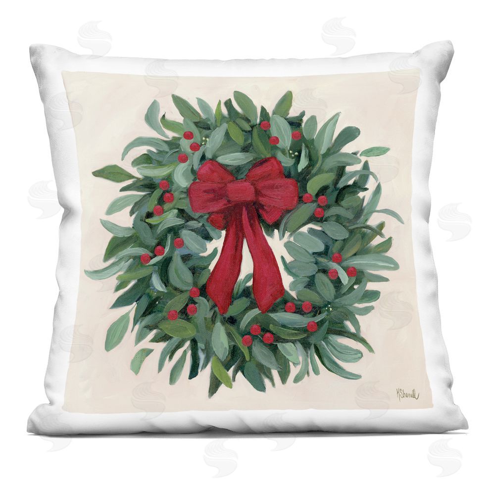 Kate Sherrill Ribbon Holly Wreath Indoor Printed Pillow