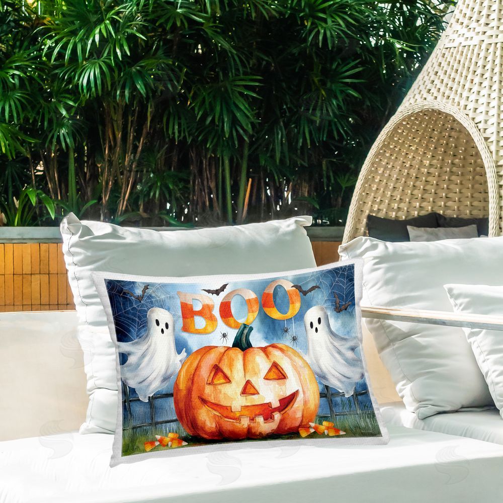 Nicole DeCamp Boo Ghosts & Jack-o-Lantern Outdoor Rectangular Pillow on Patio