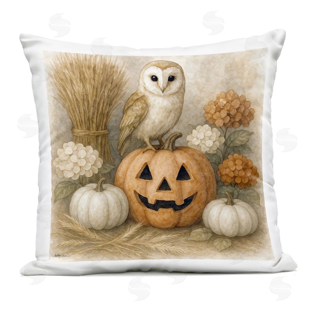 Antony Smith Autumn Harvest Owl & Jack-o-Lantern Outdoor Printed Pillow