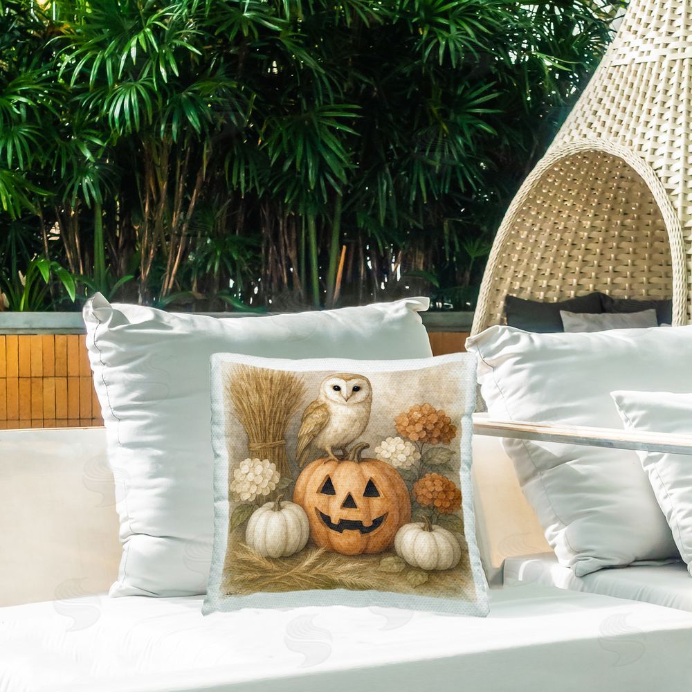 Antony Smith Autumn Harvest Owl & Jack-o-Lantern Outdoor Square Pillow on Patio
