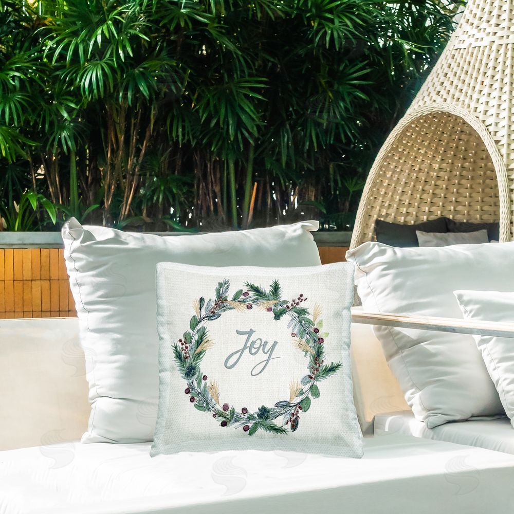 Susan Jill Joy Seasonal Greenery Wreath Outdoor Square Pillow on Patio