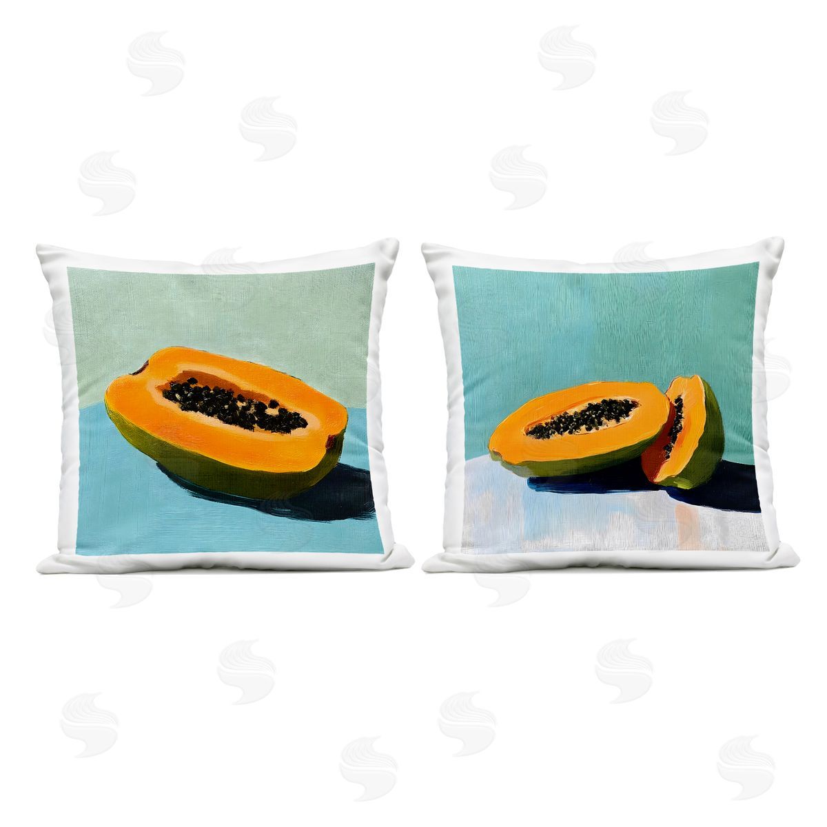 Walker Noble Papaya on Blue Still Life Plush Polyester Art Print Pillow