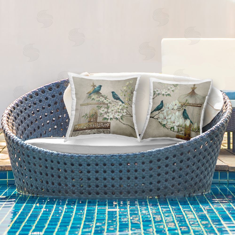 Elaine Vollherbst-Lane Spring Bluebirds Menagerie Outdoor Pillow Set on Patio