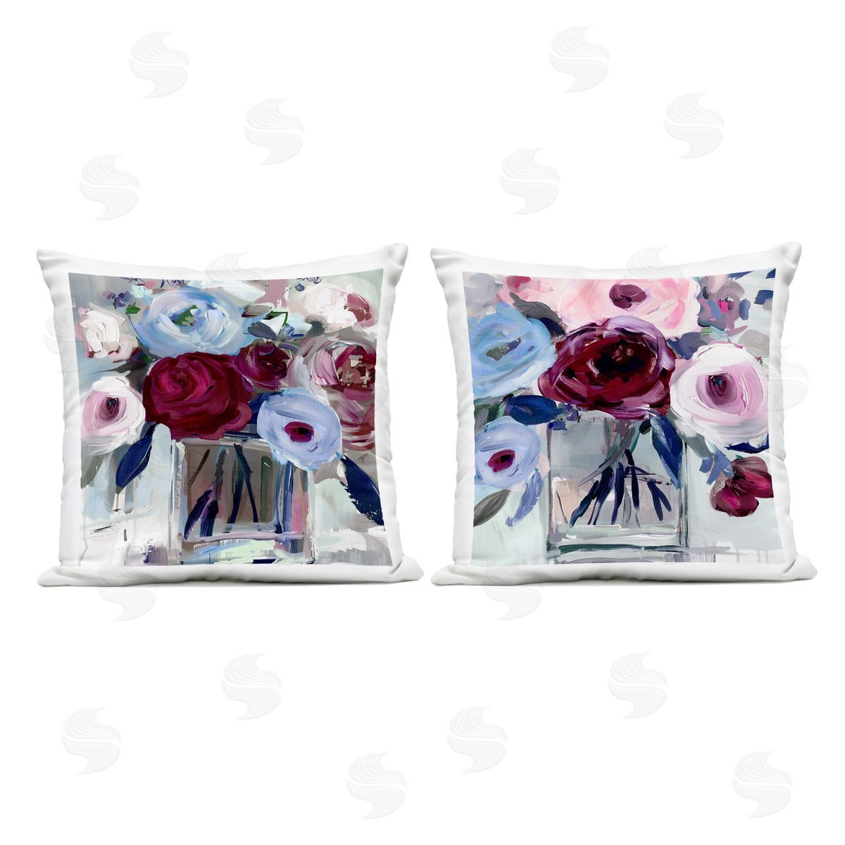 Annabelle Hall Burgundy & Blue Bouquets Plush Polyester Art Print Pillow
