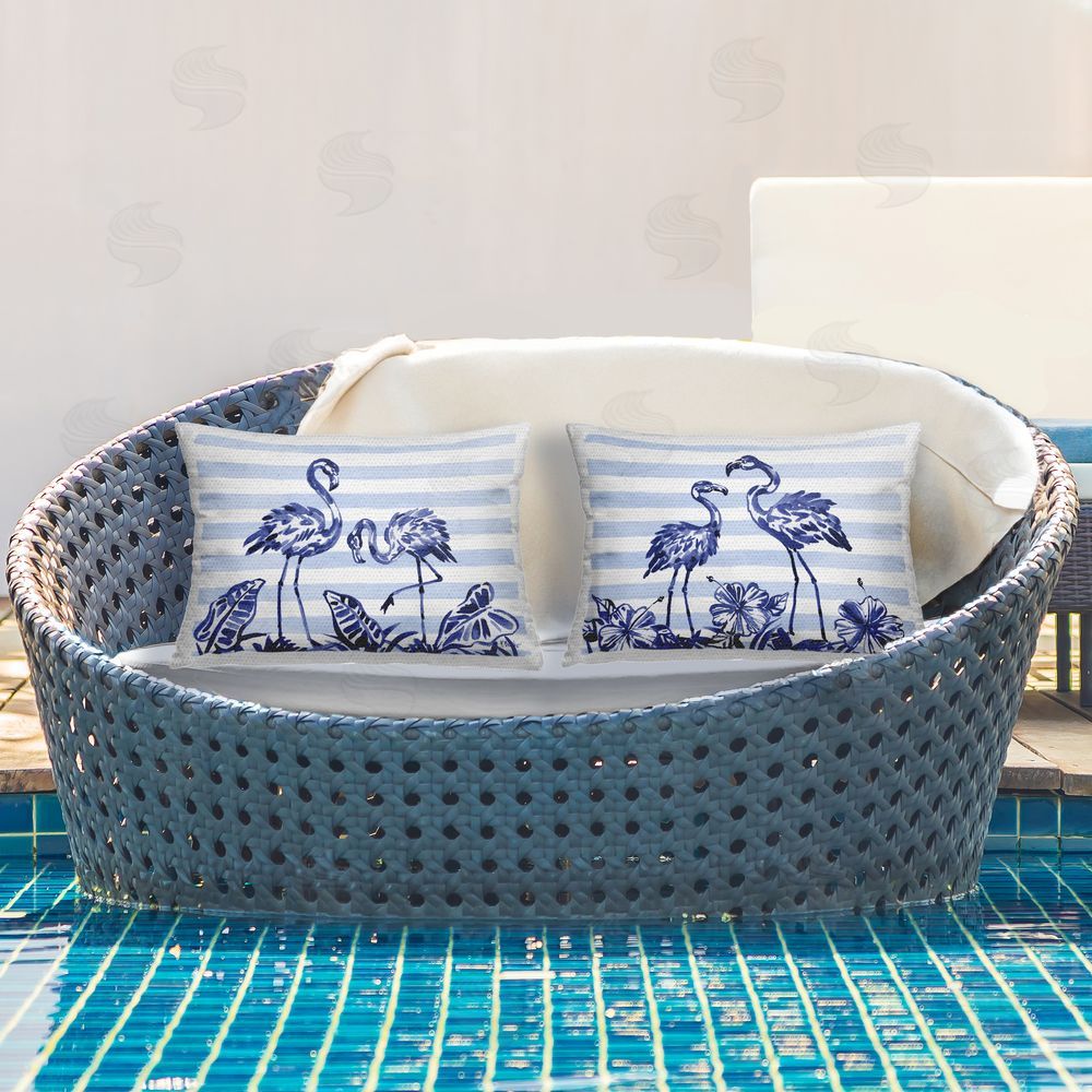 Paul Brent Brushstroke Flamingos & Stripes Outdoor Pillow Set on Patio
