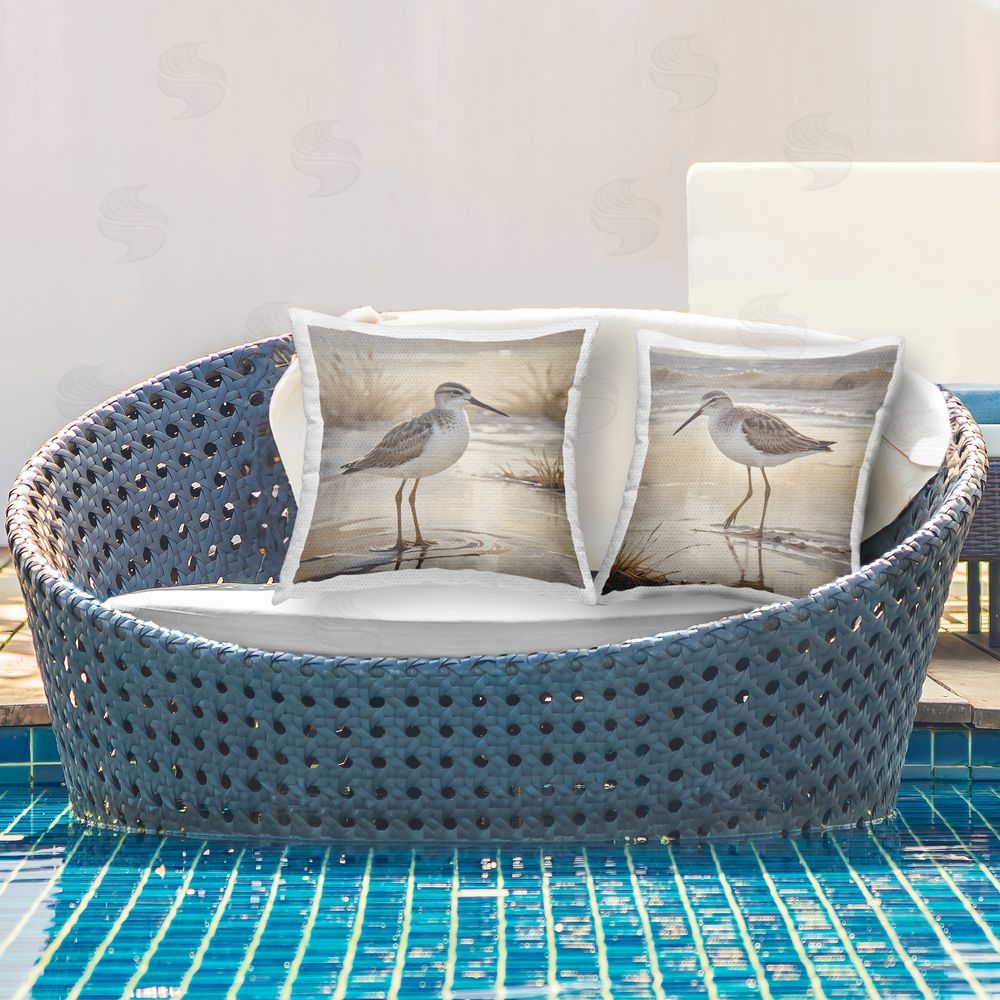 Susan Arnot Sunlit Sandpipers Wading Shore Outdoor Pillow Set on Patio