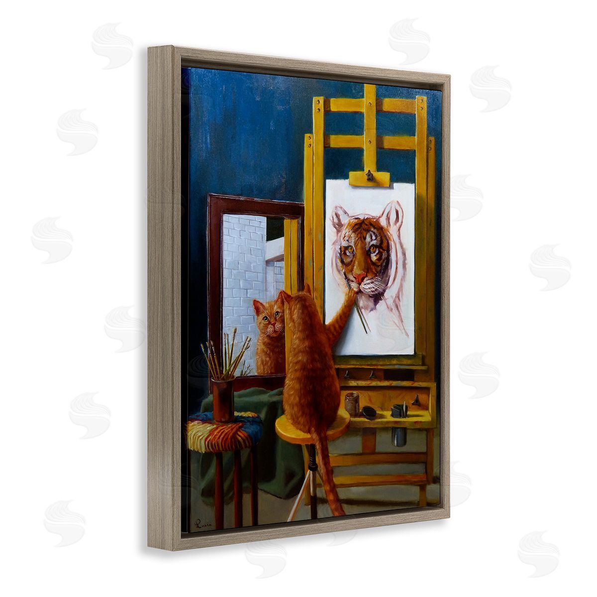 Cat Confidence Self Portrait Brown Floating Frame Canvas Wall Art, Home Decor by Lucia Heffernan