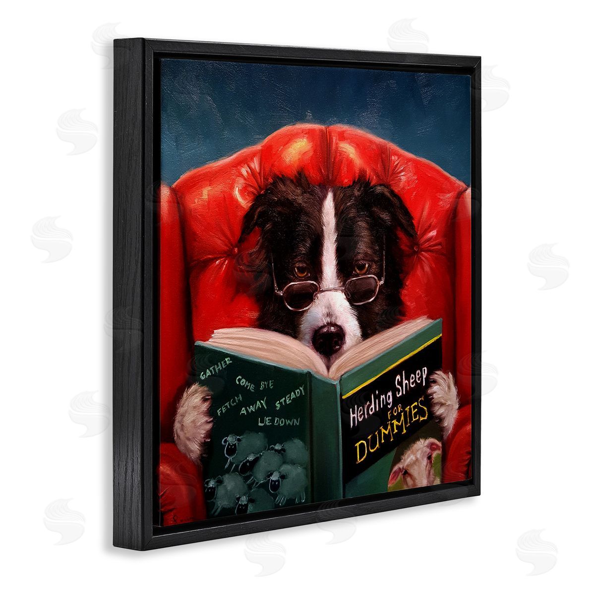 Sheep Dog Reading for Dummies Black Floating Frame Canvas Wall Art, Home Decor by Lucia Heffernan