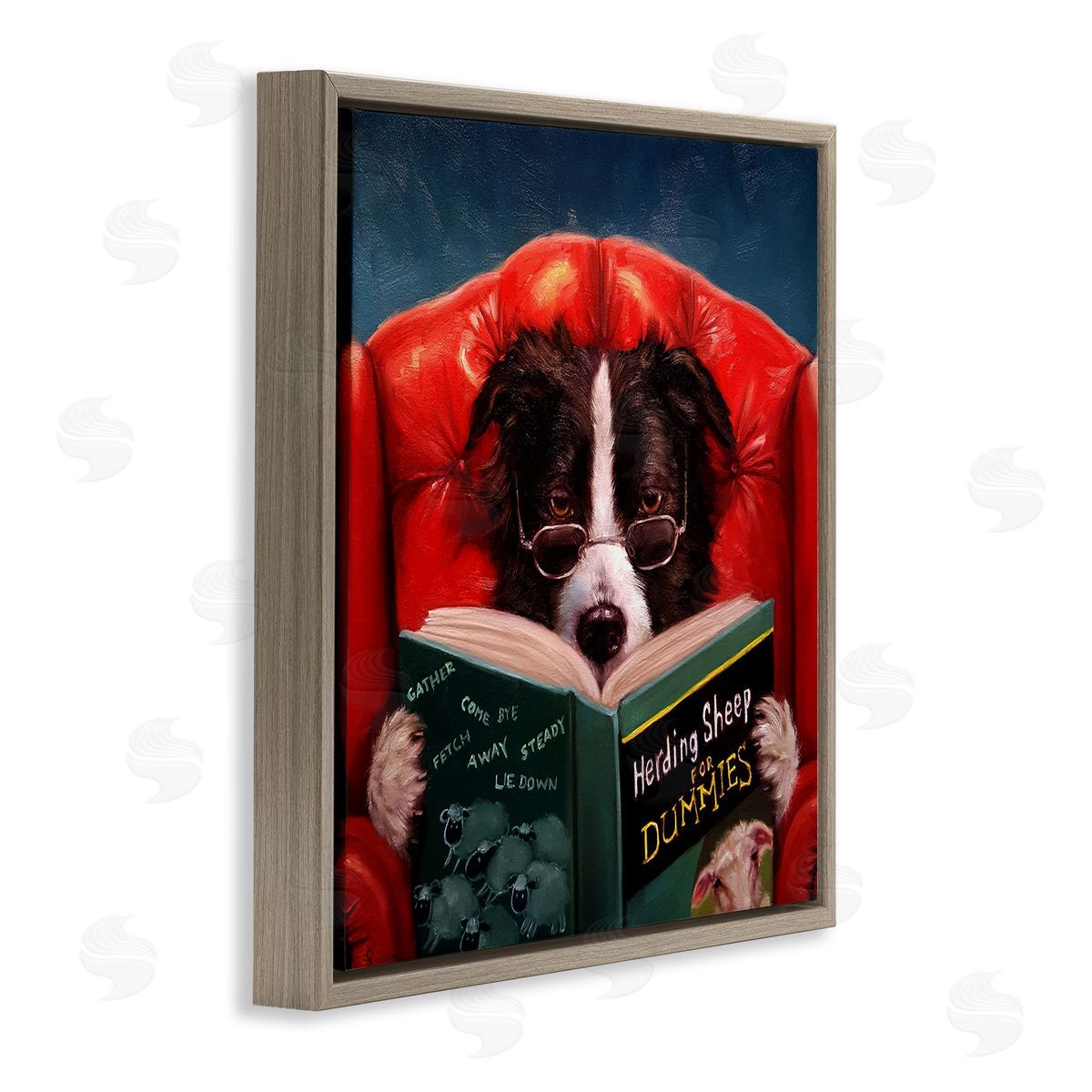 Sheep Dog Reading for Dummies Brown Floating Frame Canvas Wall Art, Home Decor by Lucia Heffernan