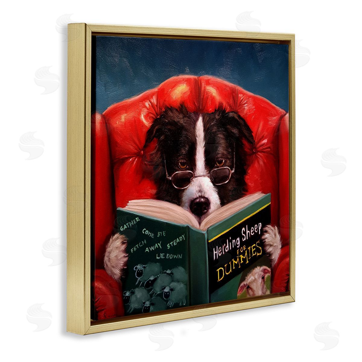 Sheep Dog Reading for Dummies Gold Floating Frame Canvas Wall Art, Home Decor by Lucia Heffernan