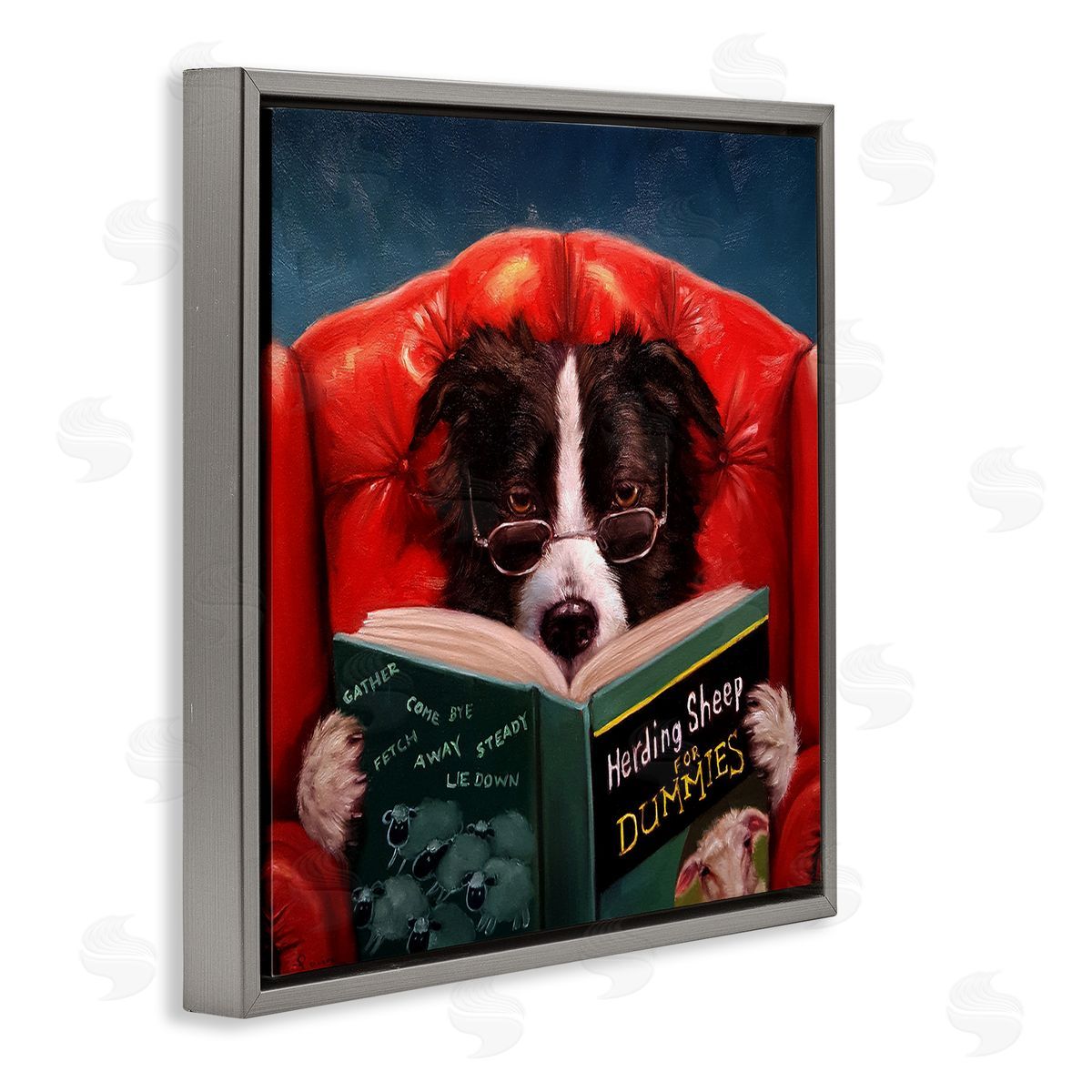 Sheep Dog Reading for Dummies Grey Floating Frame Canvas Wall Art, Home Decor by Lucia Heffernan