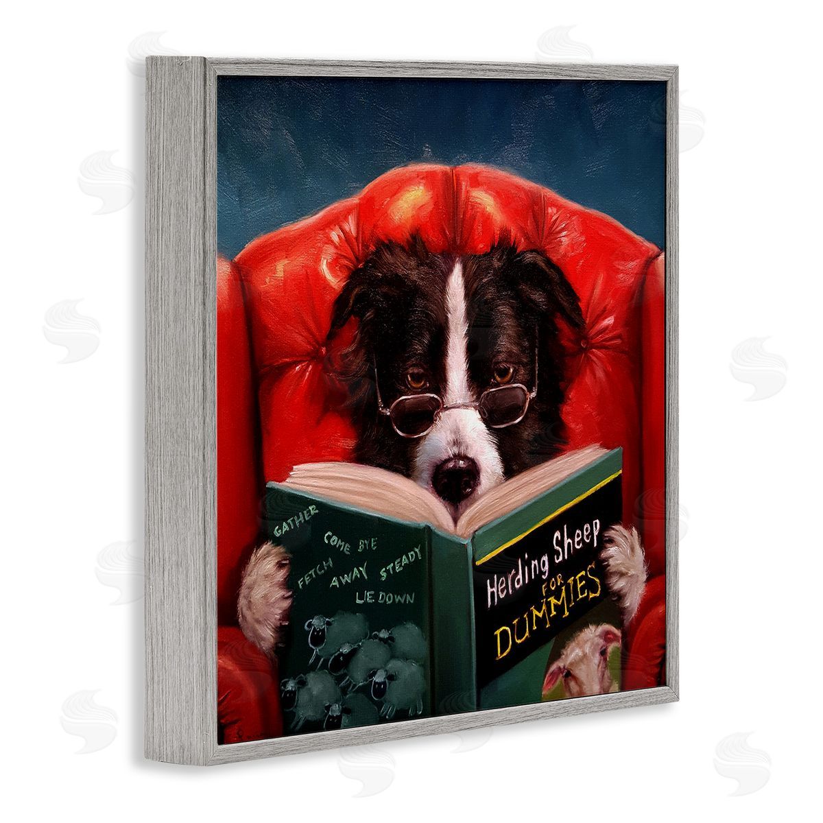 Sheep Dog Reading for Dummies Grey Frame Print Wall Art, Home Decor by Lucia Heffernan