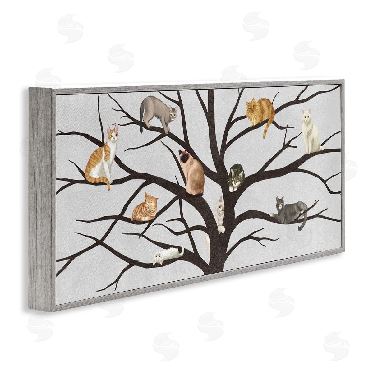 Cats In Tree Pet Painting Grey Frame Print Wall Art, Home Decor by Ziwei Li