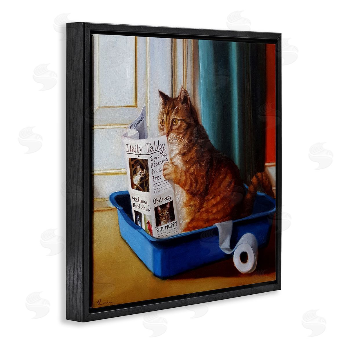 Litter Box Reading Funny Cat Black Floating Frame Canvas Wall Art, Home Decor by Lucia Heffernan
