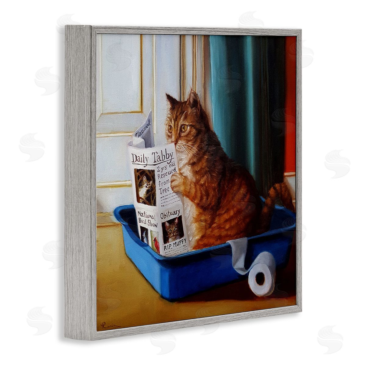 Litter Box Reading Funny Cat Grey Frame Print Wall Art, Home Decor by Lucia Heffernan