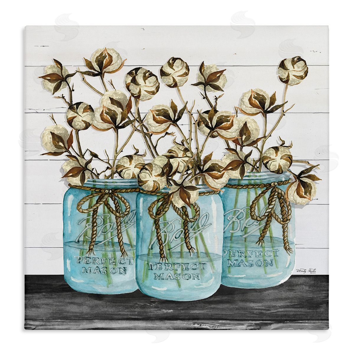 Cotton in Rustic Jars Canvas Wall Art, Home Decor by Cindy Jacobs