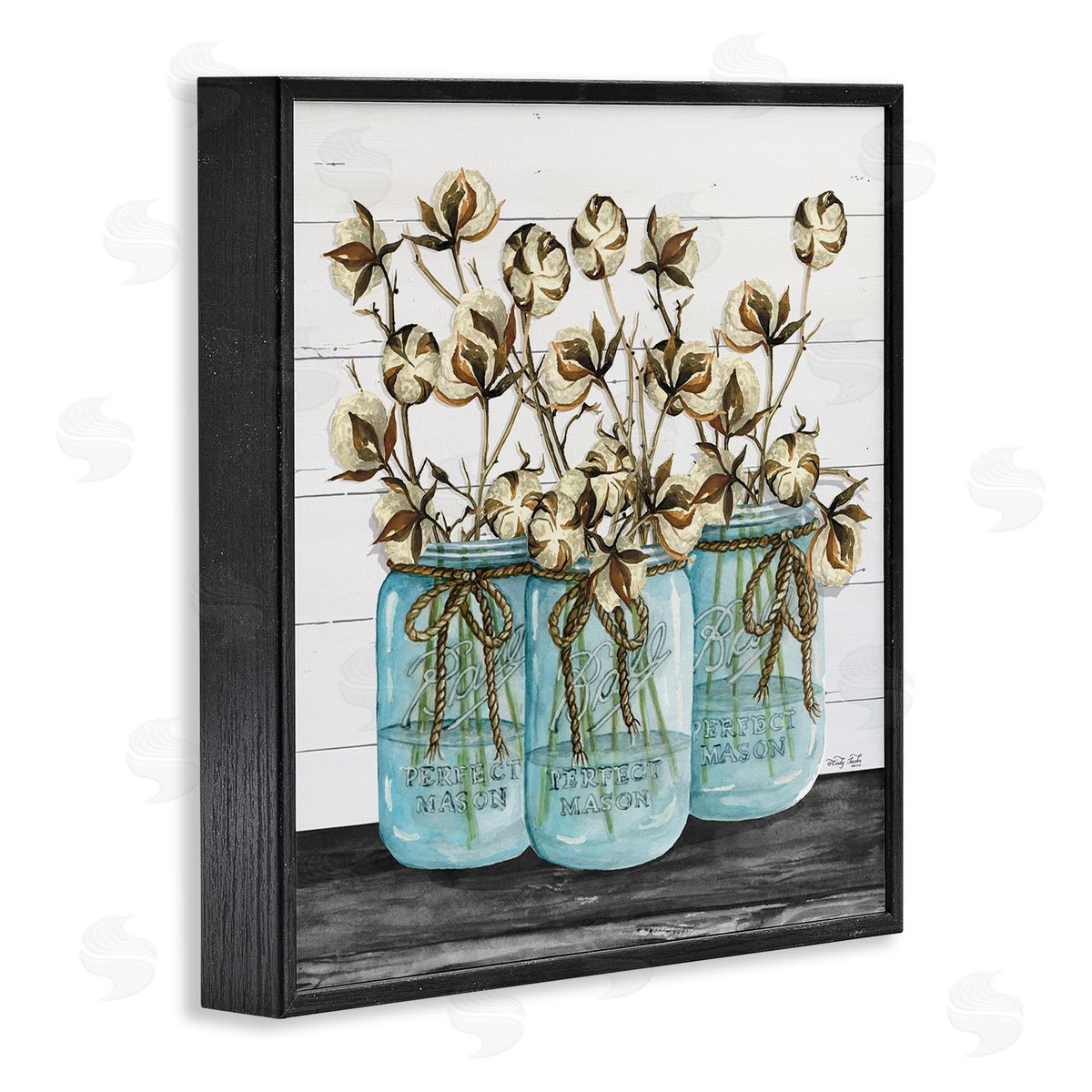 Cotton in Rustic Jars Black Frame Print Wall Art, Home Decor by Cindy Jacobs